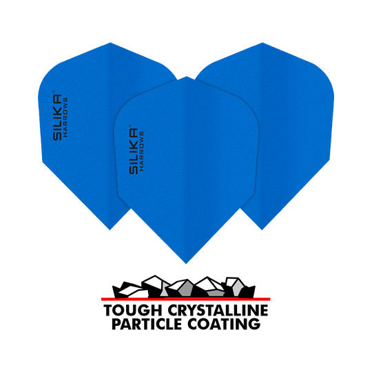 Powłoka krystaliczna Harrows Silica Solid Tough Blue No6 Flights Das Bild zeigt blaue Dart-Flights der Marke Harrows Silika mit einer soliden, kristallinen Beschichtung. Unten im Bild steht "Tough Crystalline Particle Coating" mit einer grafischen Darstellung von Kristallen.