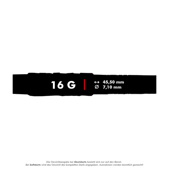 Lotki miękkie McDart 85 Tungsten V4 - 16g Das Bild zeigt die Produktinformationen der McDart 85er Tungsten V4 Softdarts mit einem Gewicht von 16 Gramm. Die Darts sind 45,50 mm lang und haben einen Durchmesser von 7,10 mm.