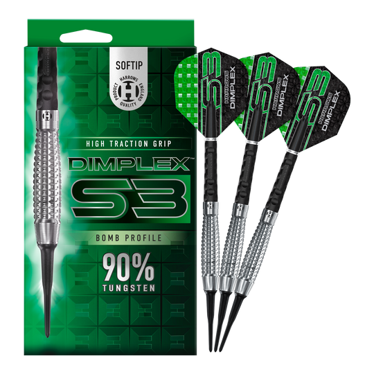Miękkie lotki Harrows Dimplex S3 Bomb Auf dem Bild sind die Harrows Dimplex S3 Bomb Softdarts und ihre Verpackung zu sehen. Die Darts haben einen hohen Grip und bestehen zu 90% aus Tungsten.