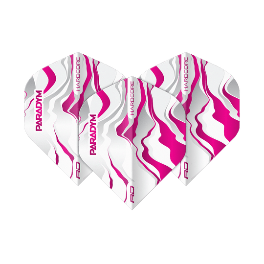 Das Bild zeigt ein Set Red Dragon Hardcore Premium Paradym Pink Premium No2 Standard Flights. Diese Flights bieten hervorragende Flugeigenschaften und eine hochwertige Verarbeitung.