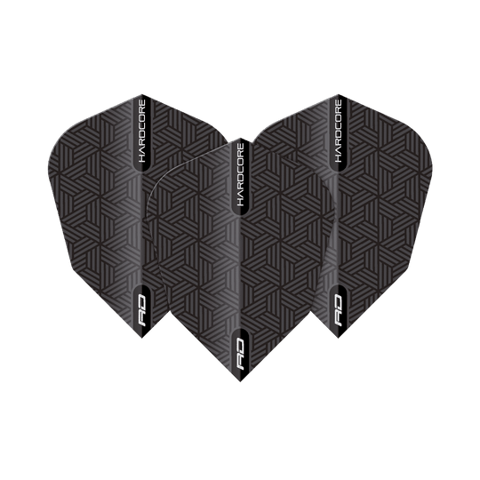 TF6849_Red_Dragon_Black_V-Standard_Flights_1z0kG28TQf5zlU Das Bild zeigt die Red Dragon Black V-Standard Flights mit einem geometrischen Muster. Die Flights sind hauptsächlich schwarz mit grauen Linien und tragen die Aufschrift "HARDCORE" und "RD".