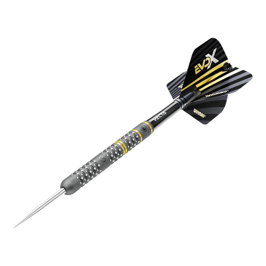 Stalowe rzutki Winmau Michael Van Gerwen Evo-X Das Bild zeigt einen Winmau Michael Van Gerwen Evo-X Steeldart. Der Dart hat ein schwarzes und gelbes Design mit metallischer Spitze und strukturierter Griffzone.