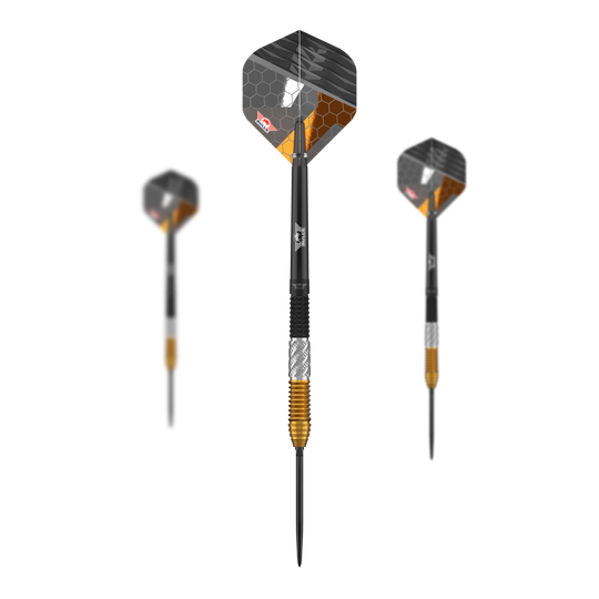 Bulls NL Dirk Van Duijvenbode 95% punktów zamiennych Steeldarts Dieses Set zeigt die Bulls NL Dirk Van Duijvenbode 95% Convertible Points Steeldarts. Die Darts zeichnen sich durch ihre wandelbaren Spitzen und das elegante Design aus.