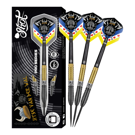 Das Bild zeigt das Produkt "Shot Pro Series Jitse Van Der Wal Steeldarts - 24g" mit drei Steeldarts. Die Verpackung und die Darts haben ein auffälliges Design mit schwarzen, goldenen und bunten Elementen.