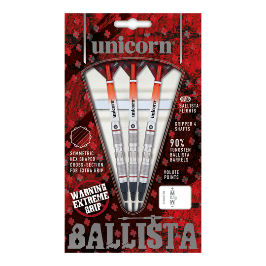 Unicorn Ballista Style 2 miękkie lotki Das Bild zeigt eine Packung „Unicorn Ballista Style 2 Softdarts“. In der Packung befinden sich drei Softdarts mit silbernen und orangenen Details.