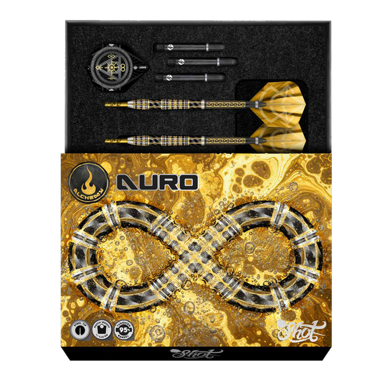 Shoty Alchemy Auro Softdarts - 20g Hier sieht man die Shot Alchemy Auro Softdarts mit 20g Gewicht. Es handelt sich um hochwertige Softdarts für präzises Spielen.