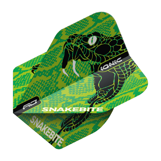 TF6571_Red_Dragon_Hardcore_Ionic_Snakebite_Green_Head_Standard_Flights_2 Red Dragon Hardcore Ionic Snakebite Green Head Standard Flights. Auf dem Bild sind Dartflights mit Schlangenmotiv.