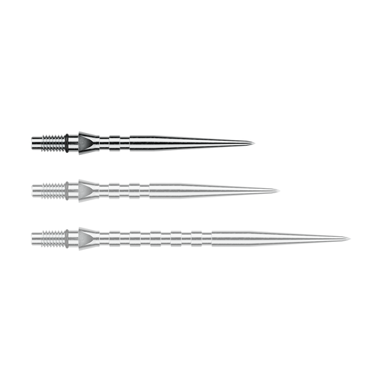 Stalowe groty do lotek Winmau Switch Point Groove – efekt srebrny Abgebildet ist eine einzelne silberne Steeldartspitze mit Rillen, vermutlich vom Typ 'Switch Point Groove Silver Effect' und 26mm. Diese Spitze eignet sich für Steeldarts.