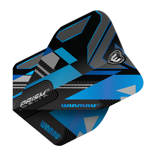 Das Bild zeigt die Winmau Prism Delta Galactics No2 Standard Flights für Dartpfeile. Die Flights haben ein auffälliges Design in Schwarz, Blau und Grau mit geometrischen Mustern und dem Winmau-Logo.