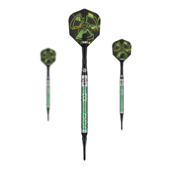 Shot Pro-Series Stowe Buntz 2 miękkie lotki - 21g Das Bild zeigt drei Softdarts des Modells "Shot Pro-Series Stowe Buntz 2" mit einem Gewicht von 21 Gramm. Die Darts haben grüne Akzente und ein auffälliges Flügel-Design mit leuchtenden Symbolen.