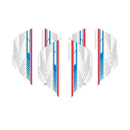 Pentathlon Flights biało-niebiesko-czerwony Das Bild zeigt die Pentathlon White Blue Red No2 Standard Flights. Sie haben ein weißes Design mit blauen und roten Streifen sowie grauen Mustern.