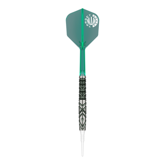 Das Bild zeigt einen Softdart aus der Produktreihe "Target Japan Mikuru Suzuki The Miracle GEN6" mit einem Gewicht von 21,5g. Der Dart hat eine grüne Flights und ein silbernes, schwarz gemustertes Barrel.