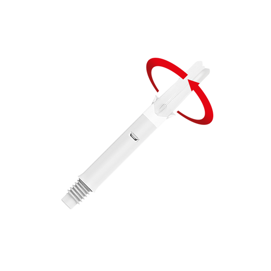 Das Bild zeigt einen weißen Dart-Schaft mit einer roten, rotierenden Bewegung um das obere Ende. Der Schaft ist gerade und ohne Kappen dargestellt.