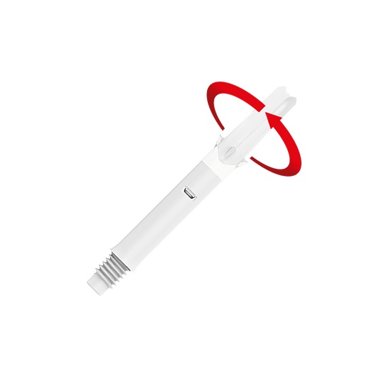 Wałki L-L-Style-Shafts Silent Straight - białe Das Bild zeigt einen weißen Dart-Schaft mit einer roten, rotierenden Bewegung um das obere Ende. Der Schaft ist gerade und ohne Kappen dargestellt.