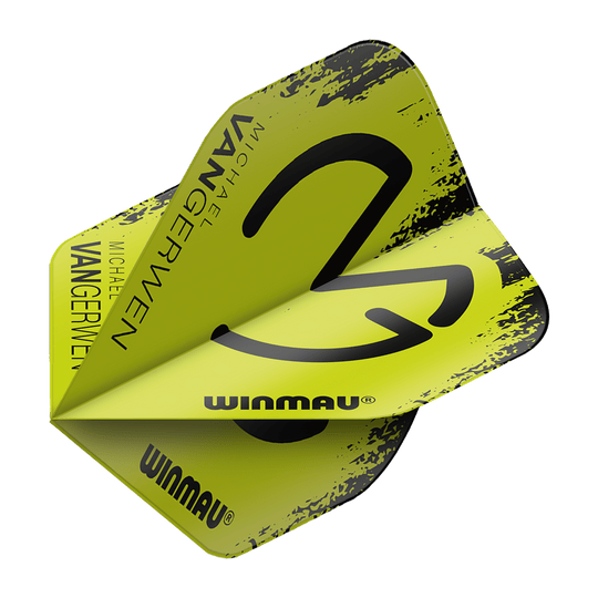 Das Bild zeigt ein Dartflight in den Farben Schwarz und Grün mit dem Aufdruck "Winmau" und "Michael van Gerwen". Das Produkt ist das "Winmau Mega MvG Black Green Standard Flights".
