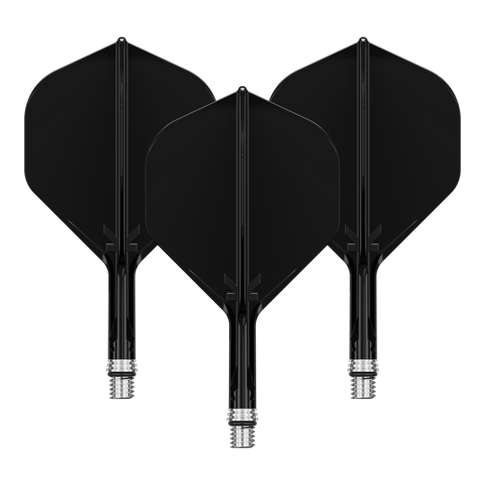 Auf dem Bild ist ein Set aus Dart Flights in Schwarz mit der Bezeichnung '410546 Target KShift No2 Standard Flights Schwarz 19mm' zu sehen. Die Flights sind für Dartpfeile geeignet.