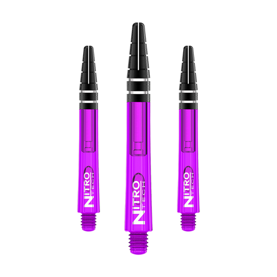 C612_Red_Dragon_Nitrotech_Shafts_Purple_42mm_1r0RcdpMkZakvA Das Bild zeigt drei lila Dartschäfte der Marke RedDragon Nitrotech. Die Schäfte haben schwarze Enden und den weißen Aufdruck "Nitrotech".
