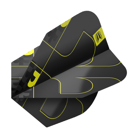 Target ProUltra Bolide Void No6 Flights Das Bild zeigt die Target ProUltra Bolide Void No6 Flights in einem modernen Design. Die Flights sind schwarz mit gelben Linien und grafischen Elementen gestaltet.