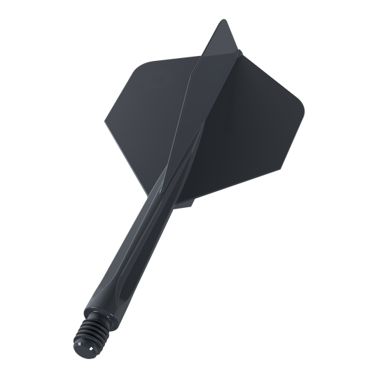 Das Bild zeigt einen schwarzen Dartflug mit integriertem Schaft in mittlerer Größe. Es handelt sich um das Modell "Unicorn Forge All In One Plus No2 Standard Flights Schwarz - Medium".