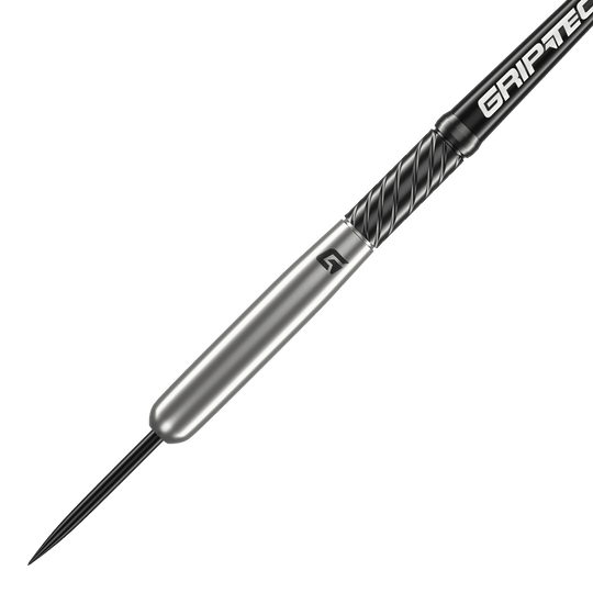 Lotki baseballowe GOAT Homerun ze stali wolframowej Das Bild zeigt den GOAT Homerun Baseball Tungsten Steeldart. Der Dartpfeil hat ein schlankes, silbernes Design mit schwarzem Griffbereich und der Aufschrift "GRIPTEC".