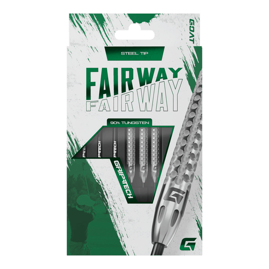 Lotki GOAT Fairway V2 ze stali wolframowej Die Abbildung zeigt die Verpackung der GOAT Fairway V2 Tungsten Steeldarts. Die Darts bestehen zu 90 % aus Tungsten und haben eine Stahspitze.