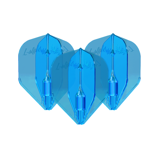 Loty w stylu L Fantom L3EZ w kolorze niebieskim Das Bild zeigt drei blaue L-Style Fantom L3EZ Flights für Dartpfeile. Sie sind nebeneinander angeordnet und haben eine glänzende Oberfläche.