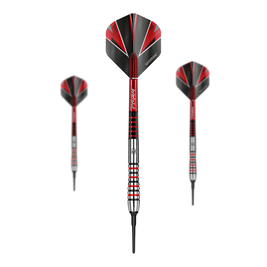 Das Bild zeigt drei Softdarts des Modells "Winmau Dennis Priestley". Die Darts haben rote und schwarze Flights sowie silberne Griffbereiche mit roten Akzenten.