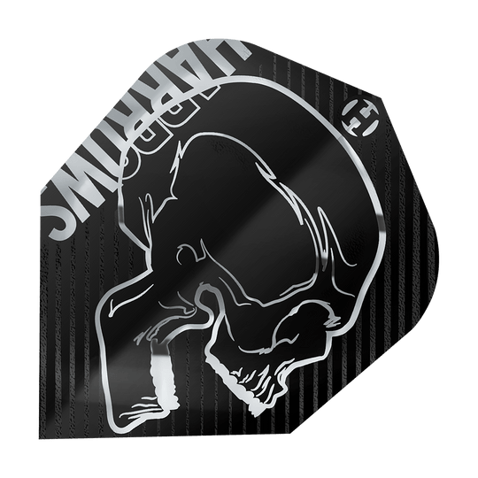 Harrows Rage Silver No6 Flights Das Bild zeigt das Produkt "Harrows Rage Silver No6 Flights". Auf dem Flight ist ein silberner Totenkopf auf schwarzem Hintergrund abgebildet.