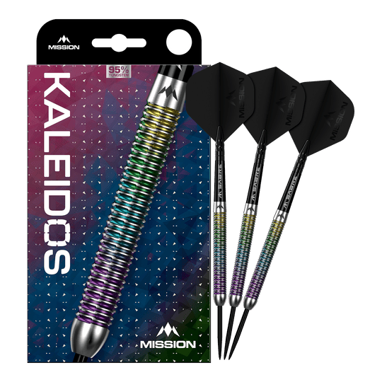 Misja Kaleidos Steeldarts Das Produkt Mission Kaleidos Steeldarts ist vollständig dargestellt. Die Abbildung ermöglicht einen Überblick über das komplette Dart-Set.
