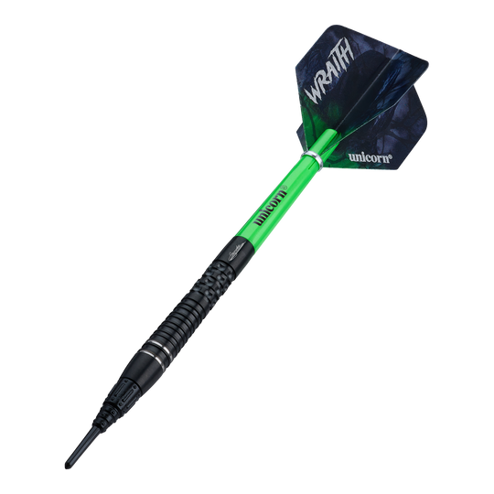 Hier werden die Unicorn Wraith Gary Anderson Phase 6 Softdarts - 20g präsentiert. Die Darts sind deutlich sichtbar.