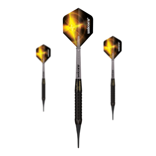 Mistrz Świata Unicorn Gary Anderson Black Brass Soft Darts - 19 g Das Bild zeigt drei Unicorn World Champion Gary Anderson Black Brass Softdarts mit einem Gewicht von 19 g. Die Pfeile haben schwarze Flights mit einem gelben, leuchtenden Design.