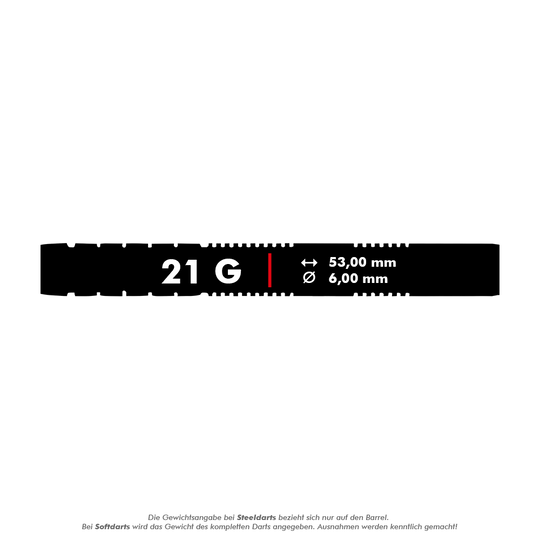 Shot Pro-Series Stowe Buntz 2 miękkie lotki - 21g Dieses Bild zeigt die technischen Daten der Shot Pro-Series Stowe Buntz 2 Softdarts mit einem Gewicht von 21 Gramm. Die Darts haben eine Länge von 53,00 mm und einen Durchmesser von 6,00 mm.