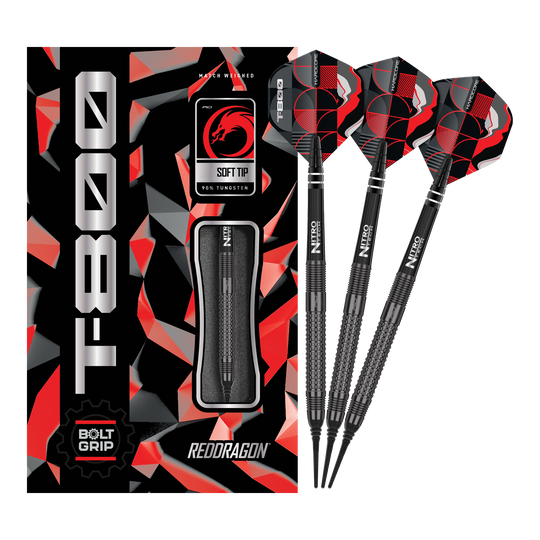 Miękkie lotki Red Dragon T-800 - 20g Das Bild zeigt die Red Dragon T-800 Softdarts mit 20g Gewicht in einer schwarzen und roten Verpackung. Drei schwarze Softdarts mit roten und schwarzen Flights sind neben der Verpackung abgebildet.