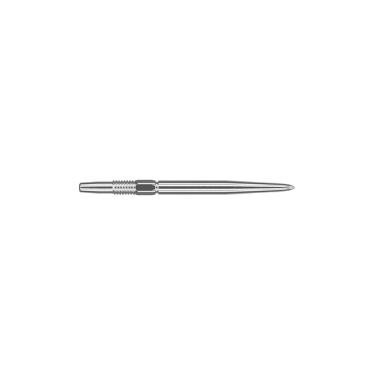 Auf dem Bild ist eine silberne Dartspitze zu sehen. Sie ist schmal, metallisch und hat eine Länge von 26 mm.