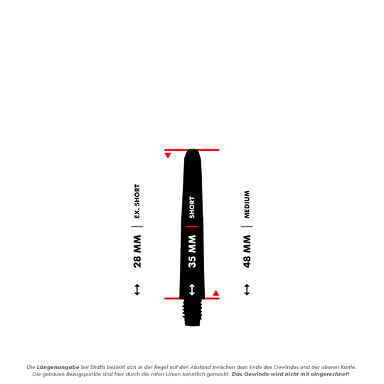 Das Bild zeigt verschiedene Längen der Nylon Shafts in Rot: Ex-Short (28 mm), Short (35 mm) und Medium (48 mm). Die Längenangabe bezieht sich auf den Abstand zwischen dem Ende des Gewindes und der oberen Kante, das Gewinde wird nicht eingerechnet.
