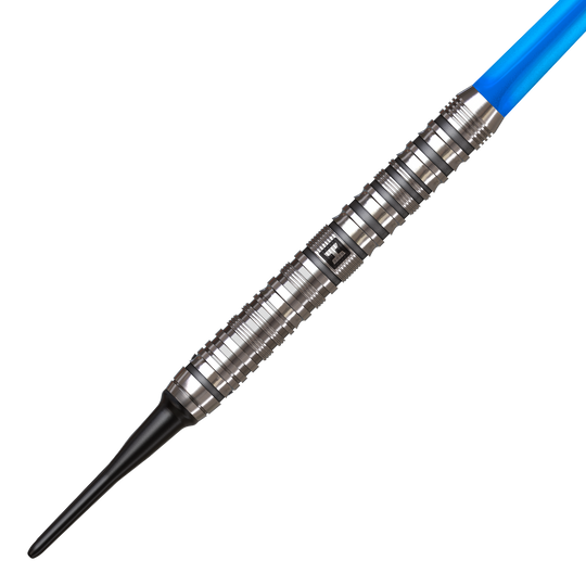Zu sehen sind Harrows Flux Softdarts mit einem Gewicht von 20g. Die Darts haben einen modernen, silbernen Schaft.