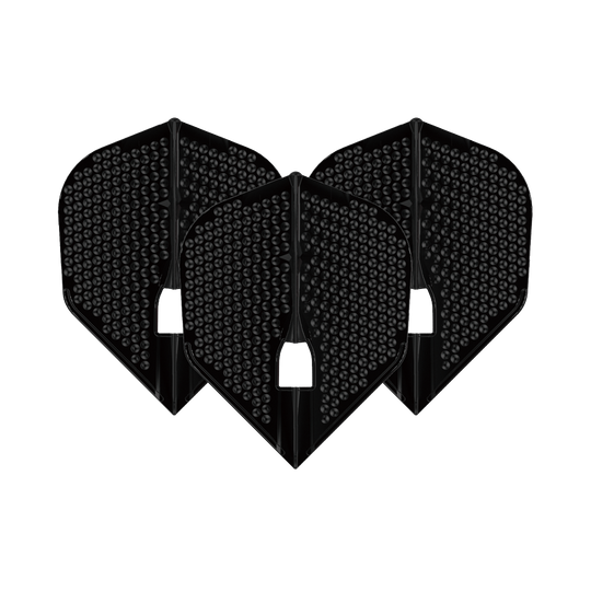 L-Style Flights Dimple Champagne L3PRO Shape Das Bild zeigt drei schwarze L-Style Flights Dimple Champagne L3PRO Shape. Sie haben eine strukturierte Oberfläche mit kleinen runden Vertiefungen.