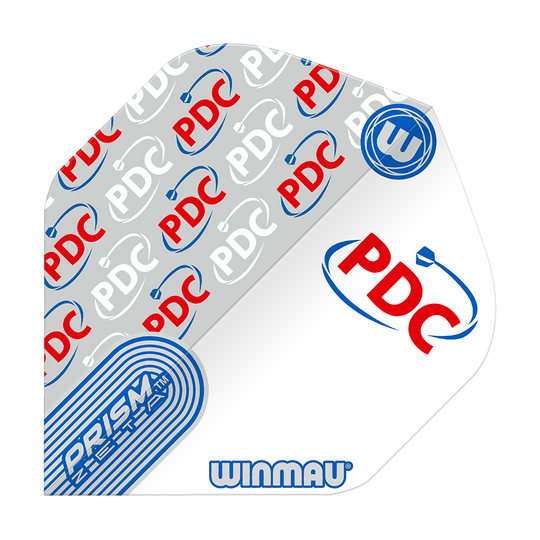 Das Bild zeigt einen Winmau Prism Zeta PDC White Standard Flight für Darts. Das Design ist weiß mit roten und blauen "PDC"-Logos und dem Winmau-Schriftzug.