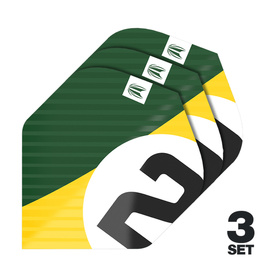 Target Pro Ultra Chicane Green No2 Standardowe loty - 3 zestawy Das Bild zeigt drei Sets der Target Pro Ultra Chicane Green No2 Standard Flights. Die Flights sind grün mit gelben und weißen Akzenten sowie einer großen schwarzen „2“ bedruckt.