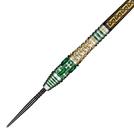 Das Bild zeigt mehrere Shot Celt Cernunnos TurboPoints Steeldarts. Die Darts sind in einer Formation präsentiert.
