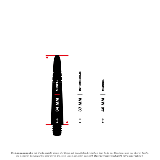 7025_Winmau_Vecta_Shafts_5_34mmlzlSChaLOG7Hg Das Bild zeigt verschiedene Längenangaben der Winmau Vecta Shafts in Gelb. Die Längen werden zwischen dem Ende des Gewindes und der oberen Kante gemessen, wobei das Gewinde nicht mitgerechnet wird.