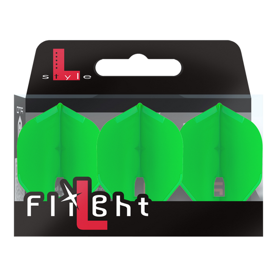 Die Abbildung zeigt eine Verpackung mit drei grünen Dartflights. Auf der Verpackung steht "L-Style Flight" in weißer und roter Schrift.