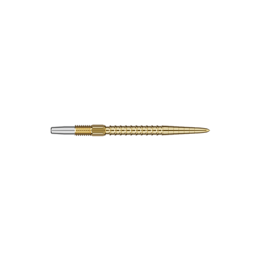 Das Bild zeigt eine goldfarbene Dartspitze mit silbernem Ansatz. Die Spitze ist schmal und hat ein gerilltes Design.
