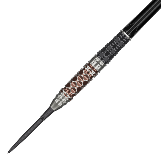 Lotki stalowe Charis GEN6 Swiss Point firmy Target Japan – 23 g Abgebildet sind die Target Japan Charis GEN6 Swiss Point Steeldarts - 23g. Die spezielle Form und die Details der Darts sind gut zu erkennen.
