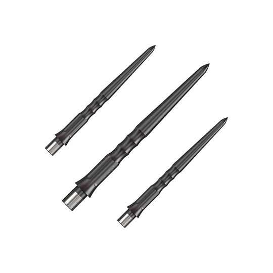 Końcówki do rzutek Caliburn System Steeldart - Ripple - NoLip - Black Auf dem Bild sind drei schwarze Stahlspitzen für Dartpfeile zu sehen. Sie haben ein geriffeltes Design und sind 28 mm lang.