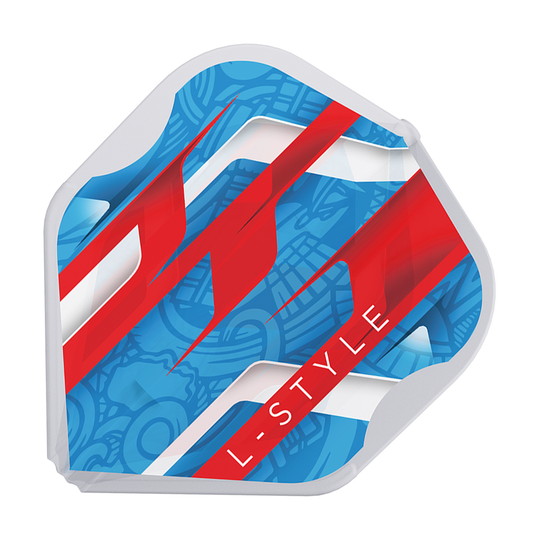 Das Bild zeigt ein Dartflight mit einem auffälligen Design in Blau, Rot und Weiß. Auf dem Flight steht der Schriftzug „L-STYLE“.