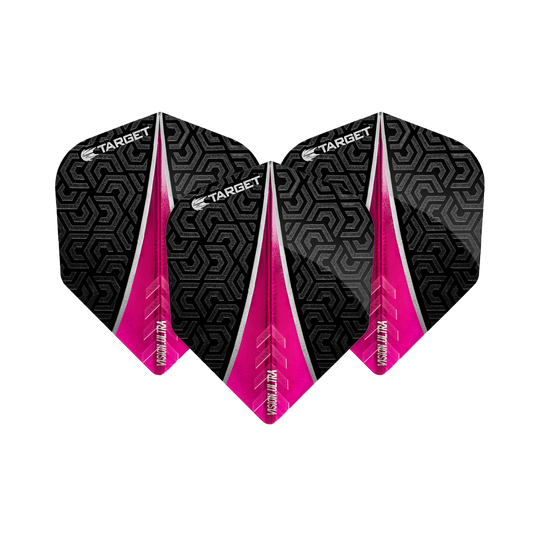 Das Bild zeigt drei Dart-Flights mit dem Namen "Target Vision Ultra Pink No6". Die Flights sind schwarz mit einem geometrischen Muster und einem pinken Streifen in der Mitte.