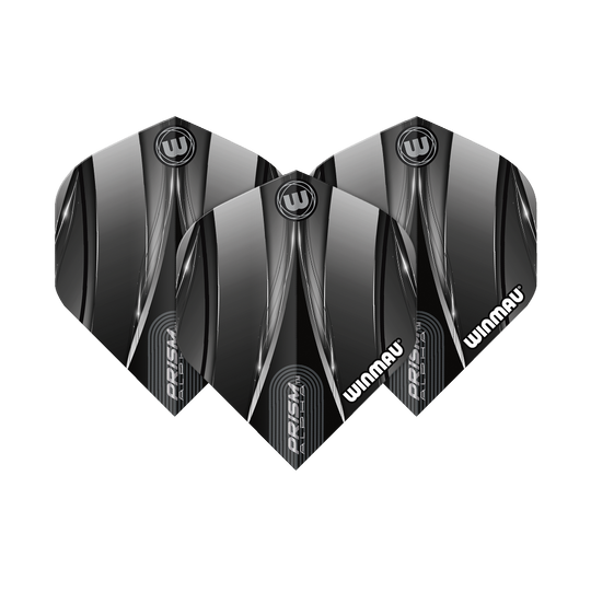 Loty standardowe Winmau Alpha Sniper Black Das Bild zeigt drei schwarze Dart-Flights der Marke Winmau mit dem Namen "Alpha Sniper". Die Flights haben ein modernes, glänzendes Design mit silbernen und weißen Akzenten.
