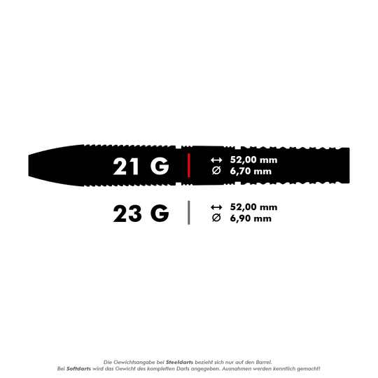 Stalowe lotki Target Gabriel Clemens GEN2 Swiss Point Das Bild zeigt die technischen Daten von zwei Steeldarts mit 21 g und 23 g Gewicht. Die Längen und Durchmesser der Darts sind jeweils 52,00 mm x 6,70 mm und 52,00 mm x 6,90 mm.