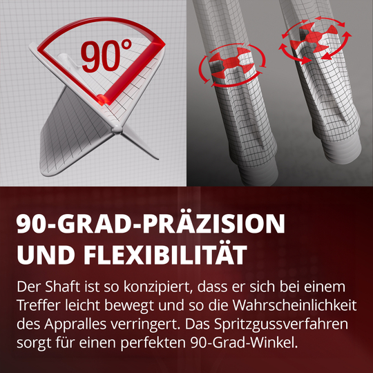 Target K-Flex Raymond Van Barneveld No2 Standardowy system wału napędowego Das Bild zeigt eine Grafik mit einem 90-Grad-Winkel und einer flexiblen Bewegung von zwei Schäften. Darunter steht ein Text, der die Präzision und Flexibilität des Designs beschreibt.